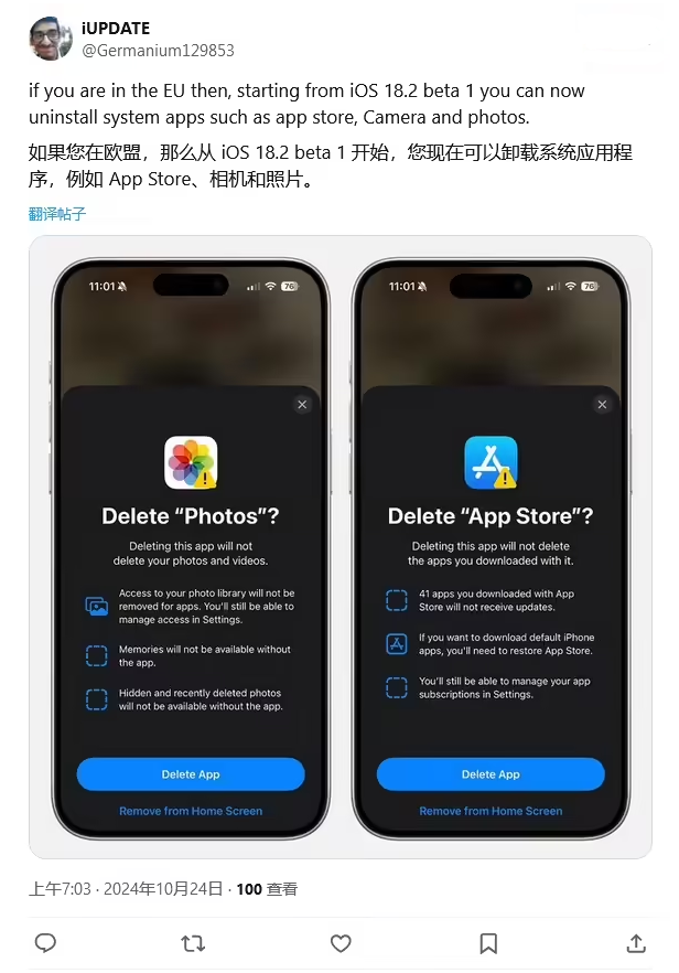 宝应苹果手机维修分享iOS 18.2 支持删除 App Store 应用商店 